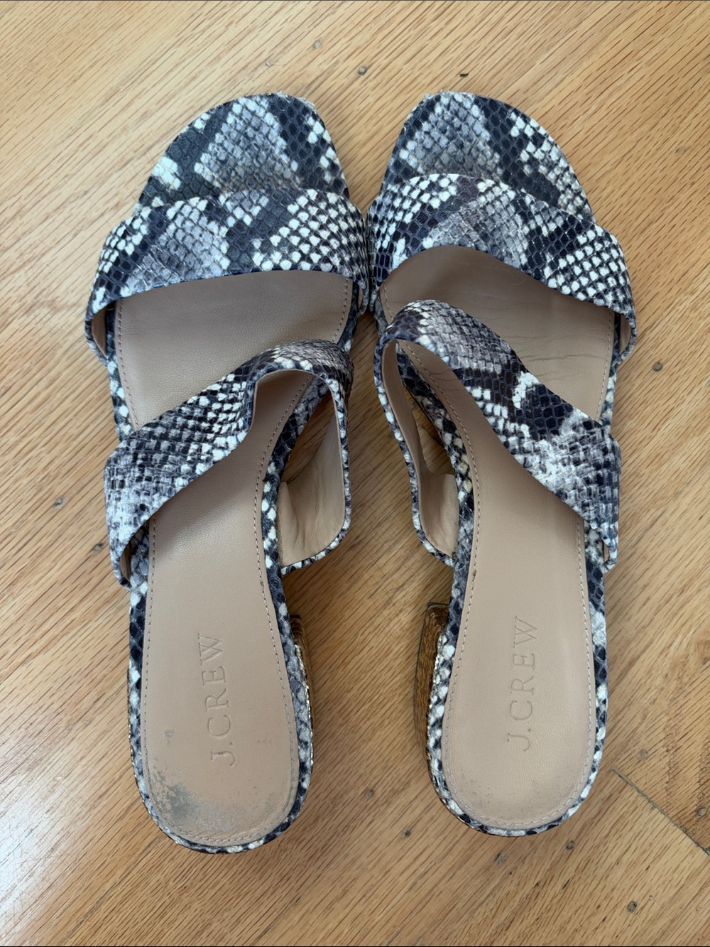 J. Crew Snake-Print Slide leather Mules with gold heels
